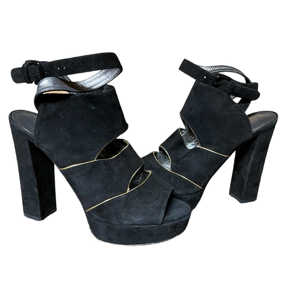 Hey Swifties! Stuart Weitzman Suede Platform Heels Sandals Shoes Sz 9 Black Gold